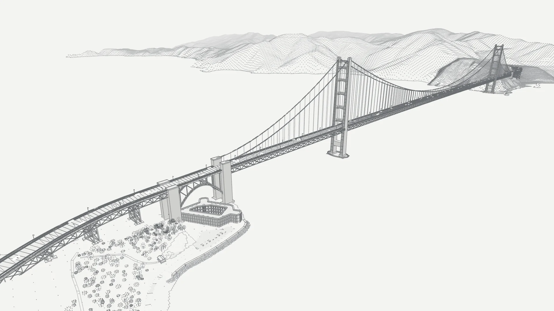Wireframe of the Golden Gate Bridge, drawn in red.